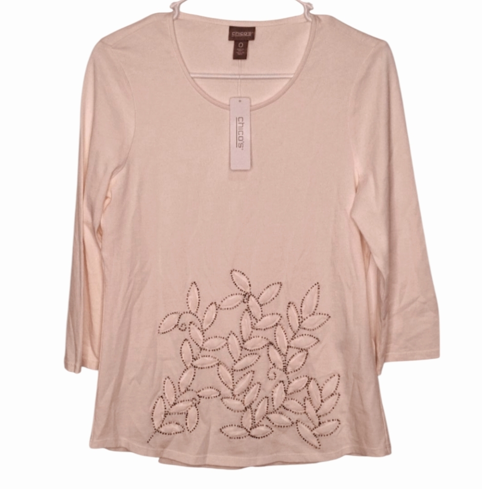 Chico's Applique Flowers 3/4 Sleeve Top Size XS NWT